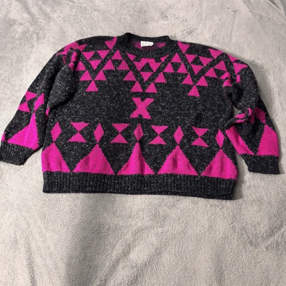 GFC Geometric Print Sweater Women's Pink Black Acrylic Knit Pullover